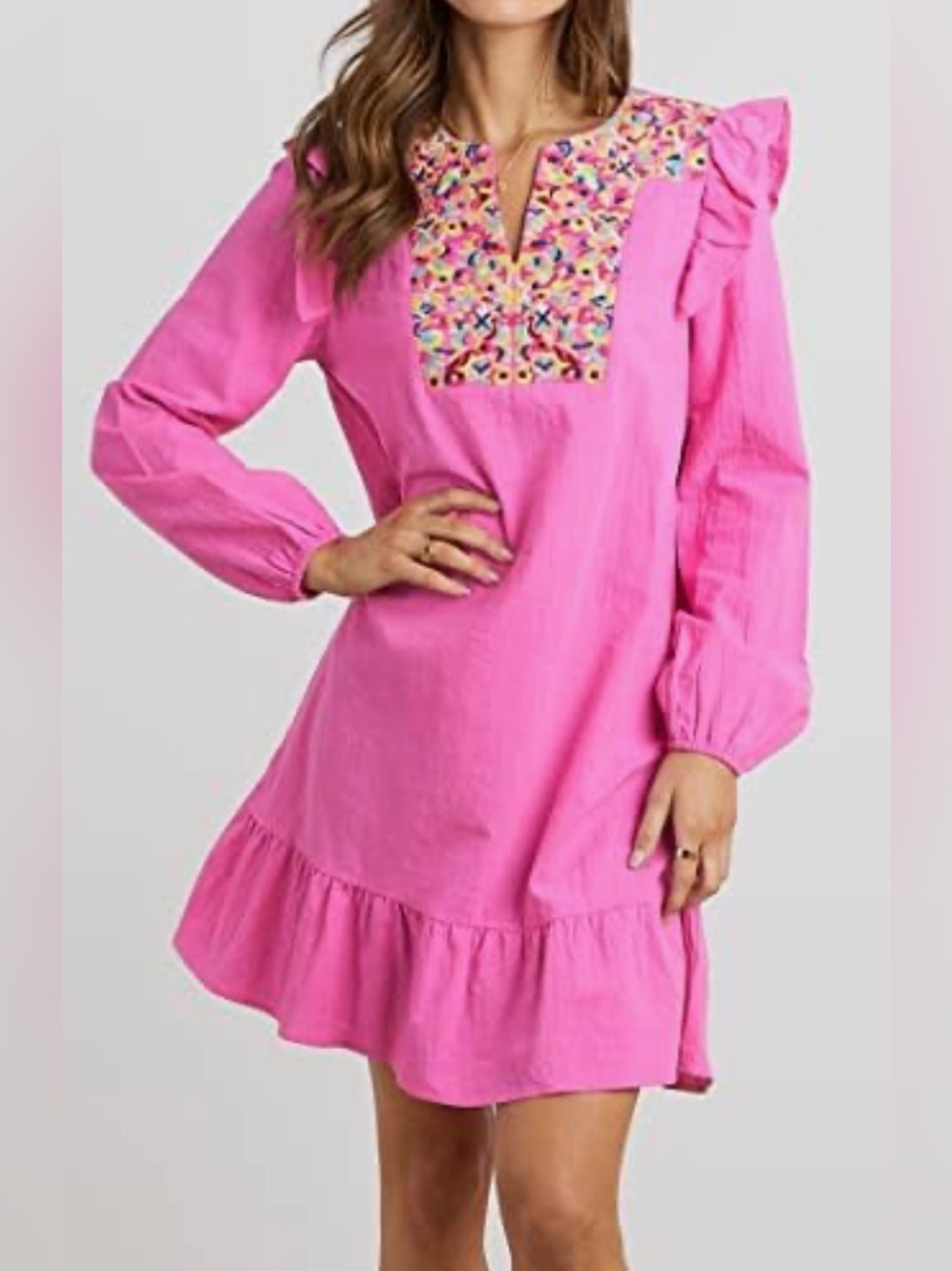 Pink Boho puff sleeve embroidered dress - XL - Picture 2 of 8